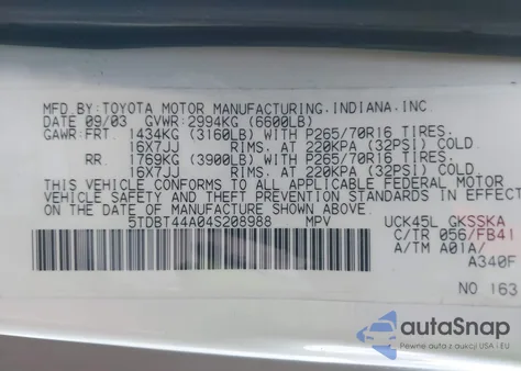 2004 Toyota Sequoia Sr5 V8 z USA, uszkodzony, nr VIN 5TDBT44A04S208988